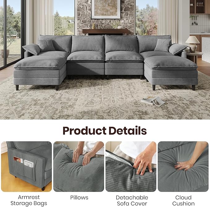 143" U Shaped Modular Sectional Cloud Couch with Two Ottoman