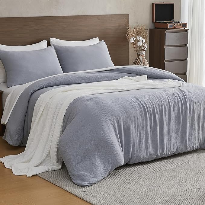 EMME Muslin Cotton Duvet Cover Set Light Grey Twin Size Linen Like Soft Breathable Lightweight Summer Comforter Cover Set with Zipper Closure (Light Grey, Twin, 68"x90")