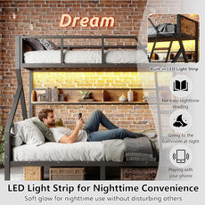 Twin XL over Queen Bunk Bed with Shelves, Metal Bunk Beds with Ladders and Lights, Heavy-duty Bunkbed for Bedrooms, Guest Rooms and Dorms, No Box Spring Needed and Noise-free Design, Woodgrain