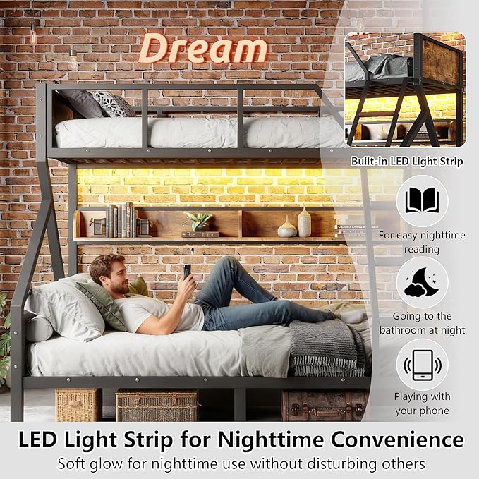 Twin XL over Queen Bunk Bed with Shelves, Metal Bunk Beds with Ladders and Lights, Heavy-duty Bunkbed for Bedrooms, Guest Rooms and Dorms, No Box Spring Needed and Noise-free Design, Woodgrain