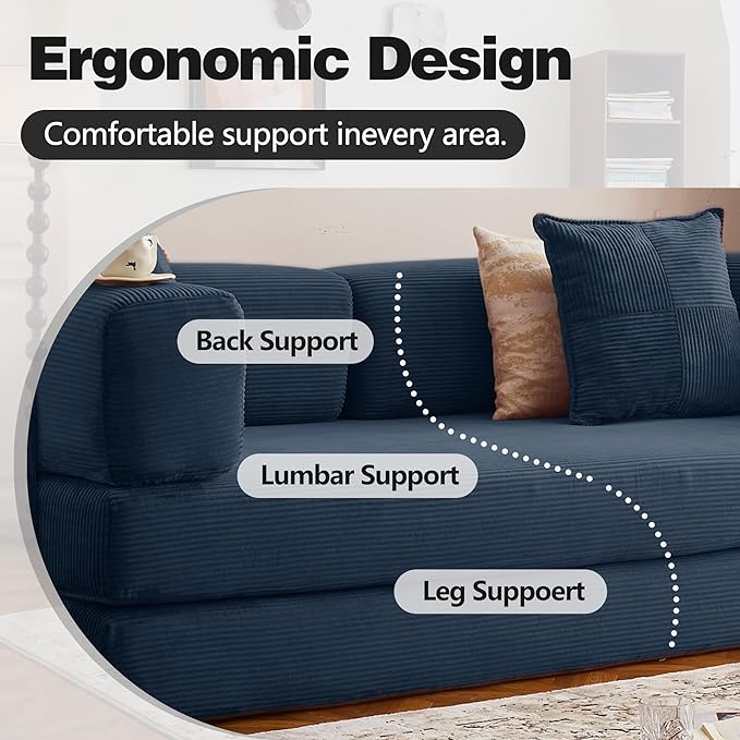 78.8" Convertible Sofa Bed -Compression Sofa with Corduroy Fabric - with Armrests and Backrest - Modular Sectional for Living Room, Bedroom, Studio - Compression Sofa in Box (Dark Blue)