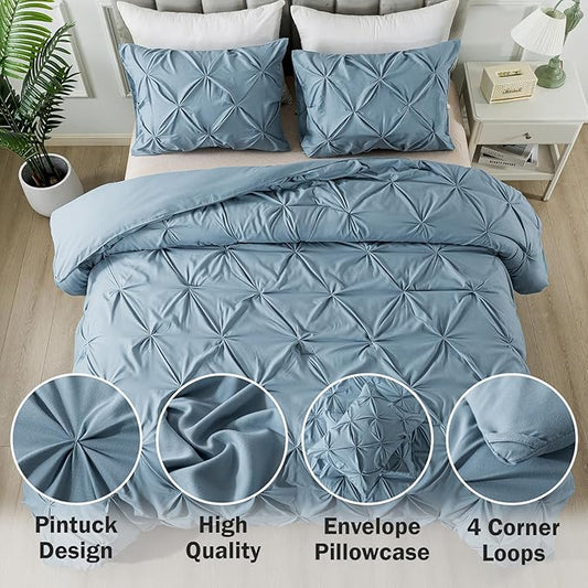 Andency Grayish Blue California King Pinch Pleat Comforter Sets(104x96Inch), 3 Pieces Cal King Pintuck Comforter, Oversized Boho Shabby Chic Bed Comforter, Lightweight Soft Microfiber Bedding Sets