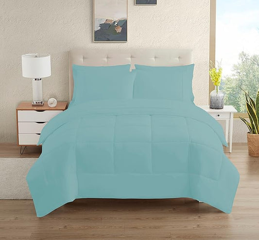 Dorm Room Essentials College Bedding Comforter Set 7 Piece Full Size Bed in a Bag for College Students Boys and Girls, Full, Misty Blue