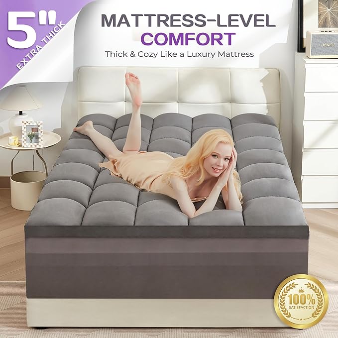 SINWEEK Dual Layer 5 Inch Memory Foam Mattress Topper Full Size, 3 Inch Gel Memory Foam Plus 2 Inch 1450 GSM Double Bed Pillow Top Mattress Pad Cover, Dark Gray