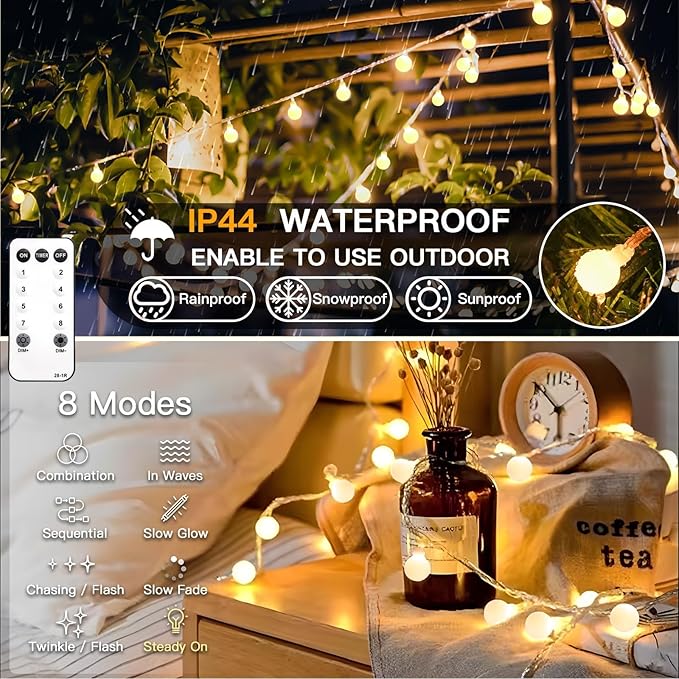 suddus String Lights for Bedroom, 33ft 100 Led Connectable Globe String Lights Indoor, Hanging Fairy Lights Plug in with Remote for Classroom, Room, Dorm, Outdoor, Christmas Tree Decor, Warm White