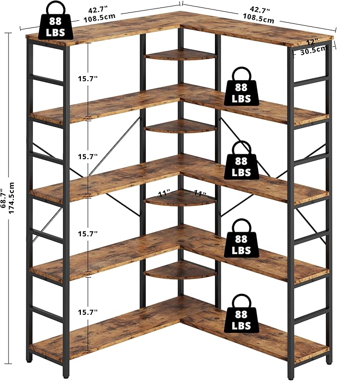 IRONCK Industrial Bookcases and Bookshelves, 5-Tiers Corner Bookcase with Curved Panels, L Shaped Shelf with Metal Frame for Open Storage for Living Room Home Office, Vintage Brown