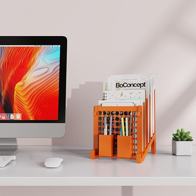 File Organizer for Desk with Storage Box & Hook, Inclined Desk File Organizer with 5-Section Vertical File Holder suitable for Home Office Document Organization(Orange01)