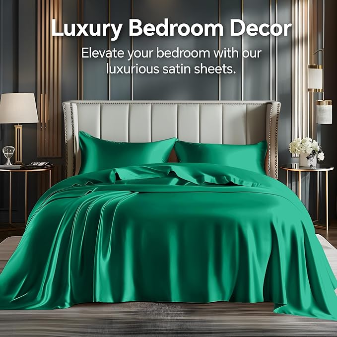 BEDELITE California King Sheets Set, Luxury Soft Dark Green Satin Sheets for Hair and Skin, Similar to Silk Bed Sheets Set 4 Pieces with 1 Deep Pocket Fitted Sheet, 1 Flat Sheet, and 2 Pillowcases