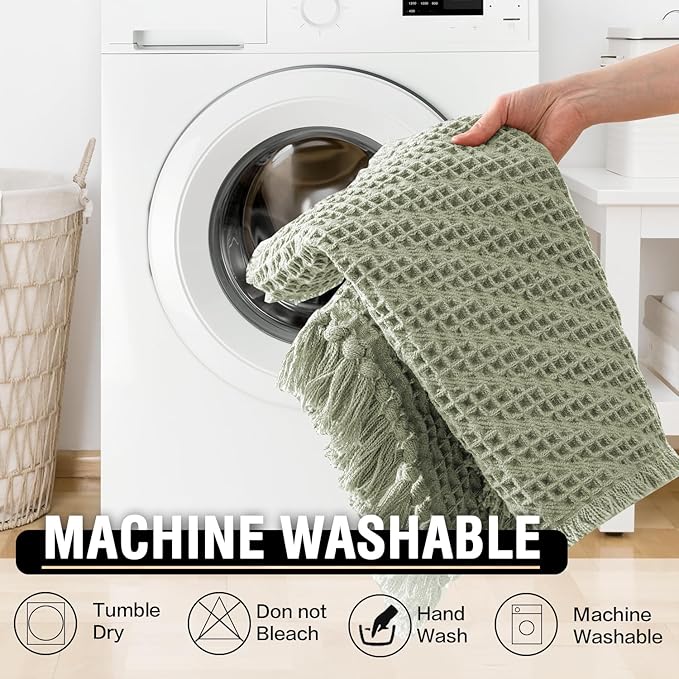 H.VERSAILTEX Waffle Bath Mat Super Absorbent Boho Bath Mat Non Slip Bath Rugs for Bathroom Floor Machine Washable Dry Fast Bathroom Rugs with Tassels (17 x 24 Plus 17 x 24 Inches, Sage)