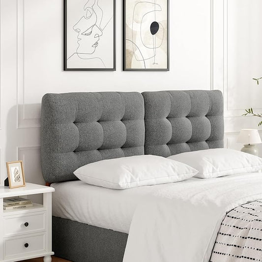 Upholstered Headboard Queen Size, Adjustable Height Queen Headboard Only from 39”to 44”with Durable Solid Wood Legs, Modern Button Diamond Fabric Bed Head Board with Width Adapters, Grey