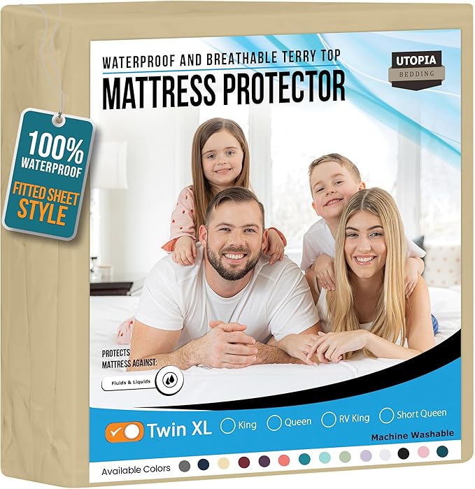 Utopia Bedding Waterproof Mattress Protector Twin XL Size, Premium 200 GSM Terry Mattress Cover, Soft & Breathable Bed Cover, Fitted Sheet Style with Stretchable Deep Pockets 15" (Beige)