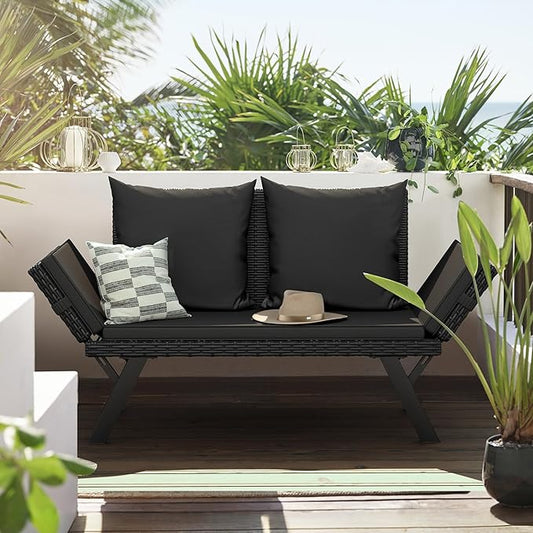 Flamaker Outdoor Convertible Sofa, Woven Rattan Patio Furniture Sunbed with Adjustable Armrests, Removable Cushions and Pillows for Patio, Porch, Pool (Black Lounger & Black Pillowcase)