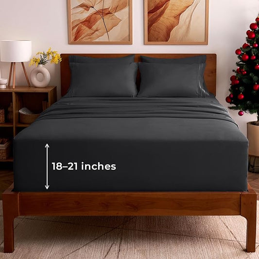 Mellanni California King Sheet Set - 6-Piece Iconic Collection Bedding, (Including 4 Pillowcases), 21-Inch Extra Deep Pocket, Easy Care, Ultra Soft, Cooling Sheets, Brushed Microfiber - Black
