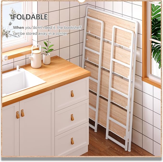 4NM No Assembly Extra Wide 4 Tiers Folding Bookshelf Storage Shelves Vintage Bookcase Standing Racks Study Organizer Home Office (Natural White)