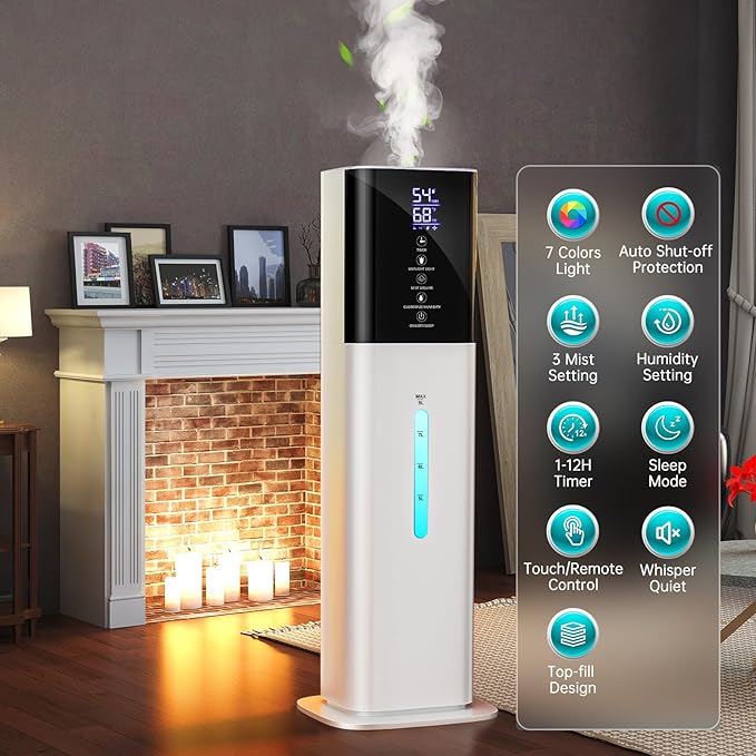 Humidifiers Large Room Bedroom with 7 Colors Light,Honovos 8L 2.1Gal Quiet Ultrasonic Cool Mist Topfill Humidifier with 360° Nozzle 3 Speed Humidistat Essential Oil Tray for Baby Home Plant Yoga Sleep