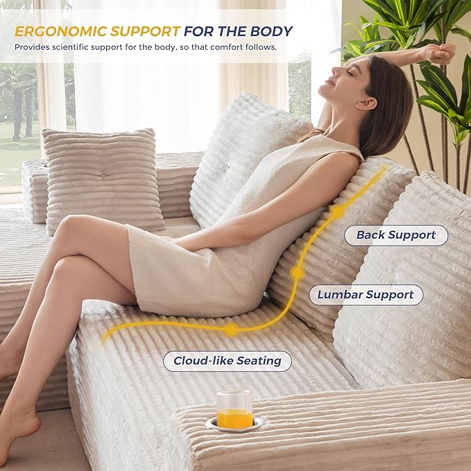 MAXYOYO 104" Modular Sectional Couch with L-Shape Chaise, Modern Boneless Couch for Living Room, Sofa in A Box, Oversized Sofa Sleeper with Deep Seat, No Assembly Required, Grayish Beige