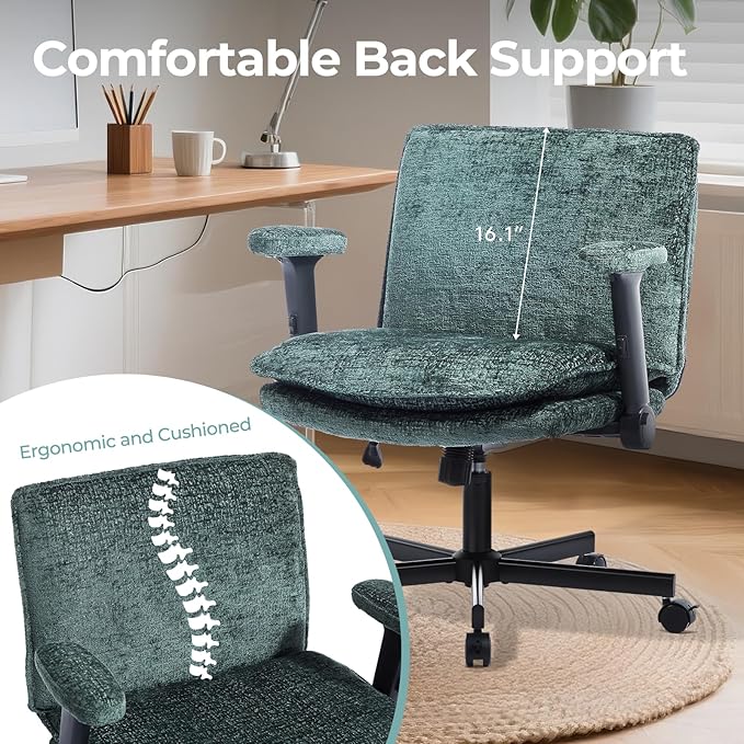 Criss Cross Chair with Flip-Up Arms and Lockable Wheels, Plush Fabric Cross Legged Office Desk Chair,Wider 125°Tilting Adjustable Swivel Computer Chair for Home, Apartment, Bedroom,Green