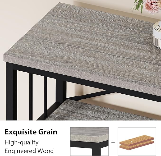 HSH Gray Bookshelf, Industrial Wood Metal Long Bookcase with Storage, Open 3 Tier Bookshelves for Bedroom Living Room, Farmhouse Wooden Etagere Book Shelf for Home Office, Light Grey Oak, 55 Inch