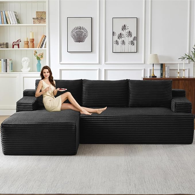 96" Modular Sectional Sofa Couches L-Shape Couch 3 Seat Modular Sofa Corduroy Memory Foam Sectional Boneless Couches for Living Room, Cloud Couch with Oversized Chaise(Dark Black, Left Facing)