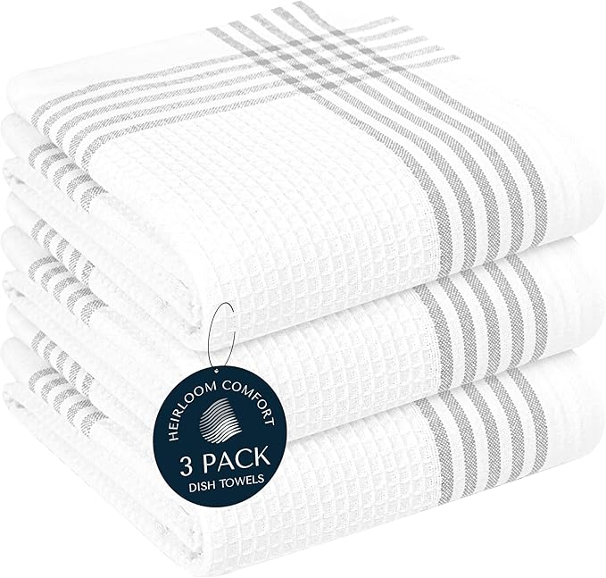 Grey and White Cotton Kitchen Towels 3 Pack, 16x26 Inch, Waffle Weave, Quick Dry, Absorbent, Durable Dish Towels for Drying, Cleaning, Cooking, Daily Kitchen Use