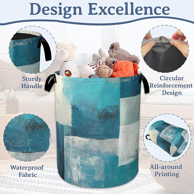 Turquoise Grey Abstract Art Painting Laundry Basket,Foldable Oxford Cloth Geometric Laundry Hamper with Handles, 20.8"x16" Tote Bag Clothes Storage Bucket for Laundry Room/Bathroom/Bedroom/Dormitories