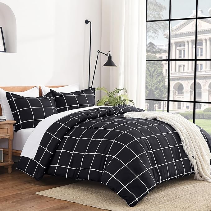 Andency Black Grid Comforter Set Queen(90x90Inch), 3 Pieces (1 Plaid Comforter and 2 Pillowcases) Black Plaid Comforter Set, Lightweight Microfiber Gingham Geometric Comforter Bedding Set