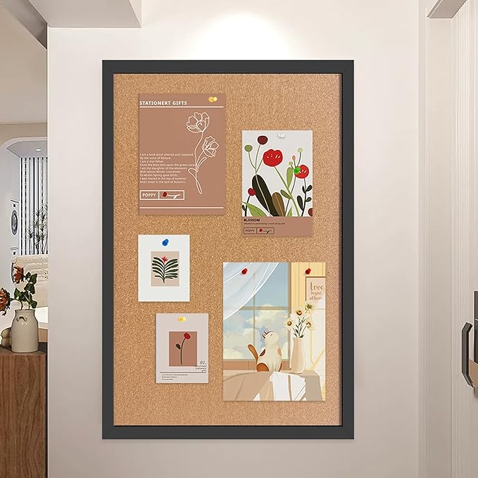 Cork Bulletin Board, 48x36 Inches Hanging Cork Board Wooden Framed with Pins for Wall, Dorm Room, Office, Home Decor – Natural Cork & Black Frame
