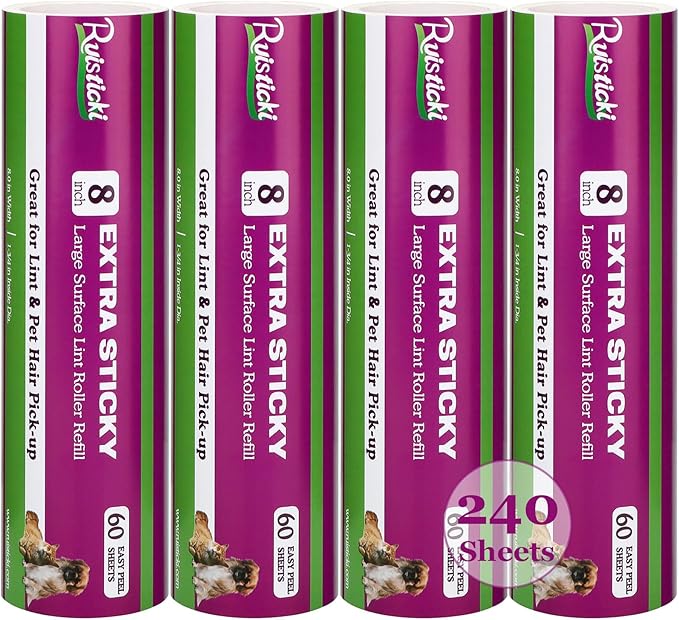 8 inch Lint Roller Refill for Scotch-Brite Pet Extra Sticky Large Surface Roller 50% Stickier Lint Roller Refill, Works Great On Pet Hair, 4 Refills, 60 Sheets per Refill, 240 Sheets Total