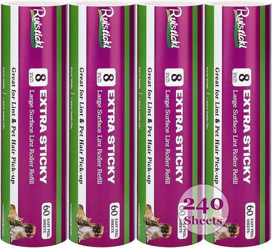 8 inch Lint Roller Refill for Scotch-Brite Pet Extra Sticky Large Surface Roller 50% Stickier Lint Roller Refill, Works Great On Pet Hair, 4 Refills, 60 Sheets per Refill, 240 Sheets Total