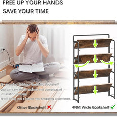 4NM No Assembly Extra Wide 4 Tiers Folding Bookshelf Storage Shelves Vintage Bookcase Standing Racks Study Organizer Home Office (Rustic Brown Black)