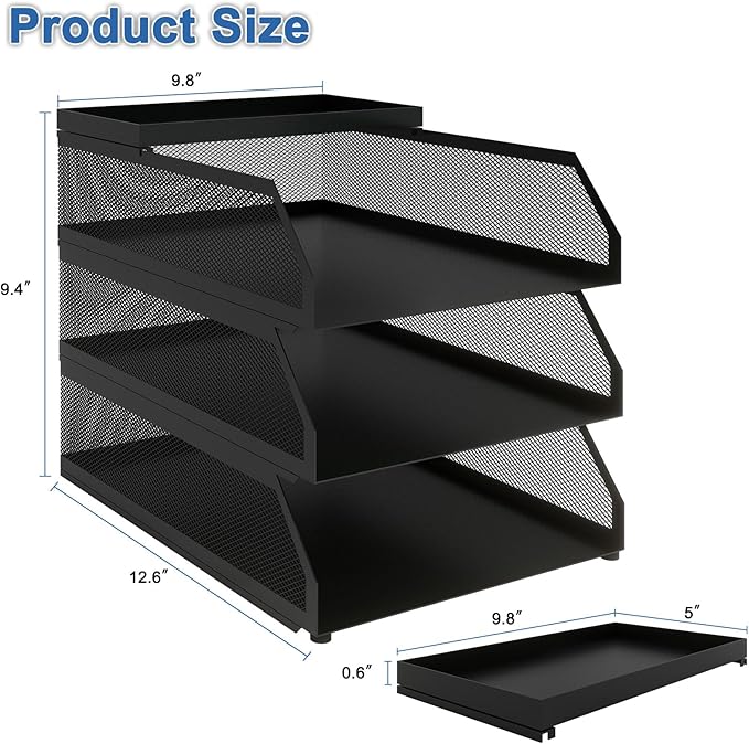 Natwind 3-Tier Desk Organizer,Desk Accessories, Stackable Paper Tray, Metal Mesh Desktop Organizer, Paper Sorter, Letter Trays,File Document Storage Rack for for Home, Office, School (Black)