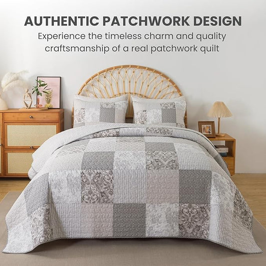 SLPR Silver Linings Cotton Quilt Set - Twin Size with 1 Sham, Neutral Pieced Patchwork Design, Country Silver Gray Quilted Comforter, Lightweight Summer Farmhouse Bedspread