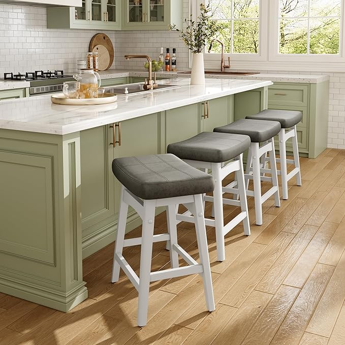 MAISON ARTS White Counter Height Bar Stool for Kitchen Counter Solid Wood Legs with Faux Leather Saddle Seat Farmhouse Barstools for 34"-38" Counter Island Upholstered Stools, 24in Height