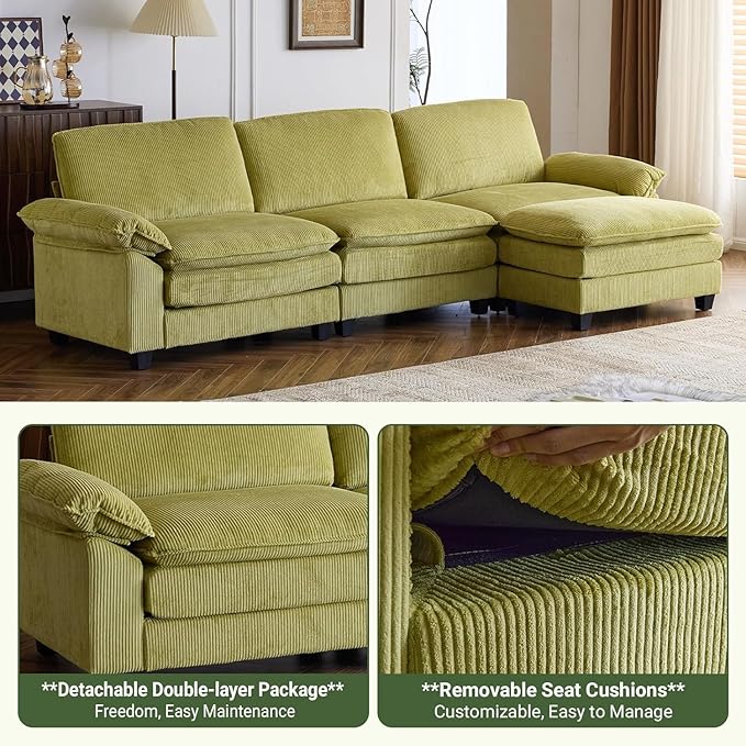 VINGLI 121" L Shape Sectional Couch, Convertible Sectional Couch for Living Room & Apartment,Modern 3-Seat Convertible Modular Sofa with 1 Ottoman，Corduroy,Olive Green