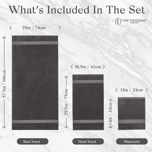 Premium Staple Cotton Bathroom Towel Set - Dark Gray 600 GSM 6-Piece Luxury Bath Towel Set 1 Stripe - 2 Bath Towels, 2 Hand Towels & 2 Washclothes Set - High Absorbent & Quick Dry for Gym, Spa, Hotel