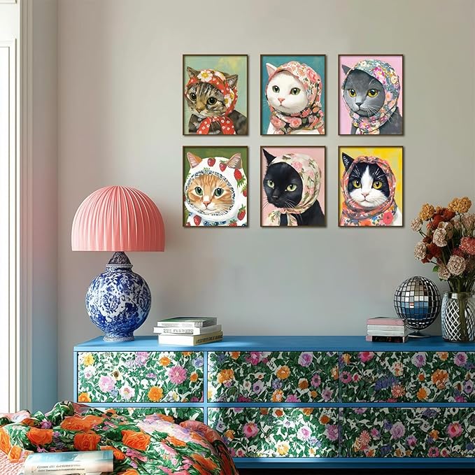 Funny Cat Poster Set of 6, Whimsical Babushka Cats Wall Art Eclectic Lover Cat Pictures Decor, Quirky Animal Pictures Canvas Painting Prints Aesthetic for Bedroom Living Room 12x16 inch Unframed