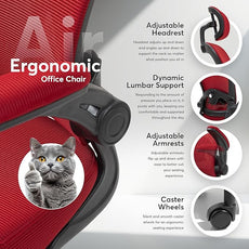 Oline ErgoAir Ergonomic Office Chair – Adjustable Lumbar Support, Flip-Up Armrests, Mesh Computer Desk Chair, Swivel Rolling Executive Gaming Chair for Home & Office (Red)