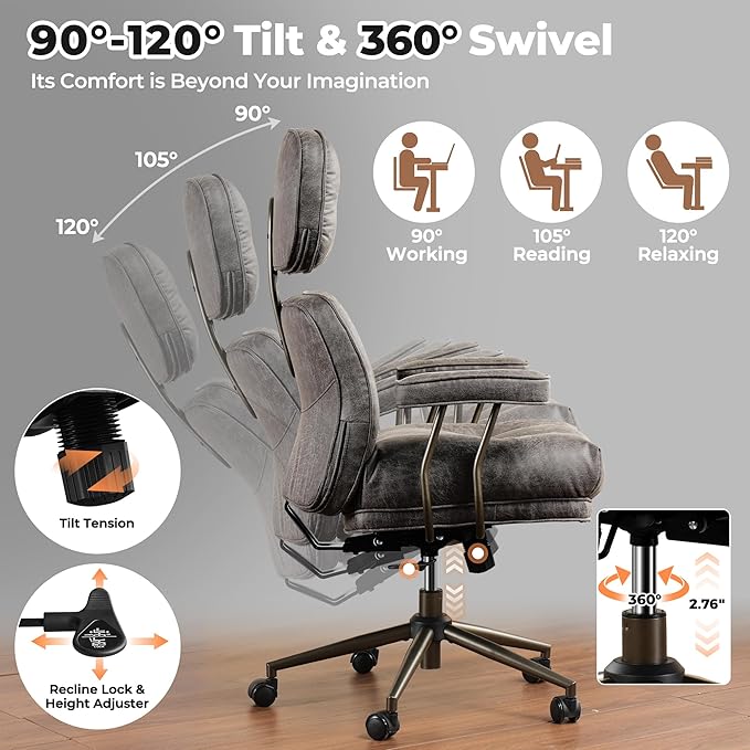 ovios Ergonomic Office Chair, High Back Faux Leather Executive Chairs with Thick Cushion, Comfy High-Century Modern Swivel Rolling Computer Armchair (Dark Grey, Suede Leather)