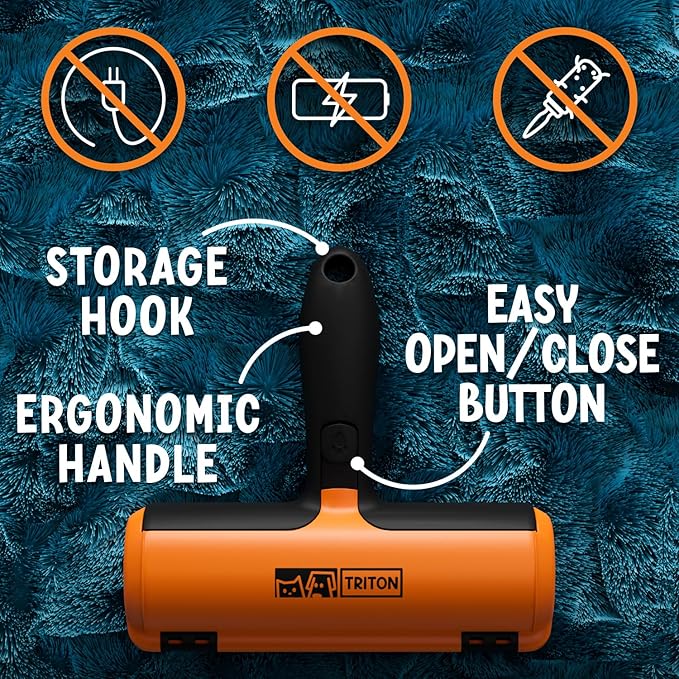 Triton Pet Hair Removal Tool w/Fur Trapping Compartment, 60% Smaller Storage Size, Reusable Shedding Roller, Cat and Dog Hair Remover for Car, Furniture, Carpet, Couch (Orange)
