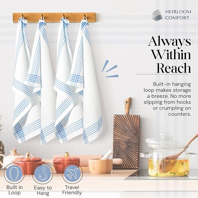 Sky Blue and White Cotton Kitchen Towels 5 Pack, 16x26 Inch, Waffle Weave, Quick Dry, Absorbent, Durable Dish Towels for Drying, Cleaning, Cooking, Daily Kitchen Use