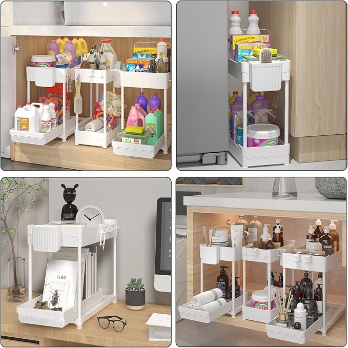 3 Pack Under Sink Organizers, 2-Tier Multi-Use Kitchen and Bathroom Organizers and Storage with Sliding Drawers，Bathroom Cabinet Organizer (White, 14.8 Inch)