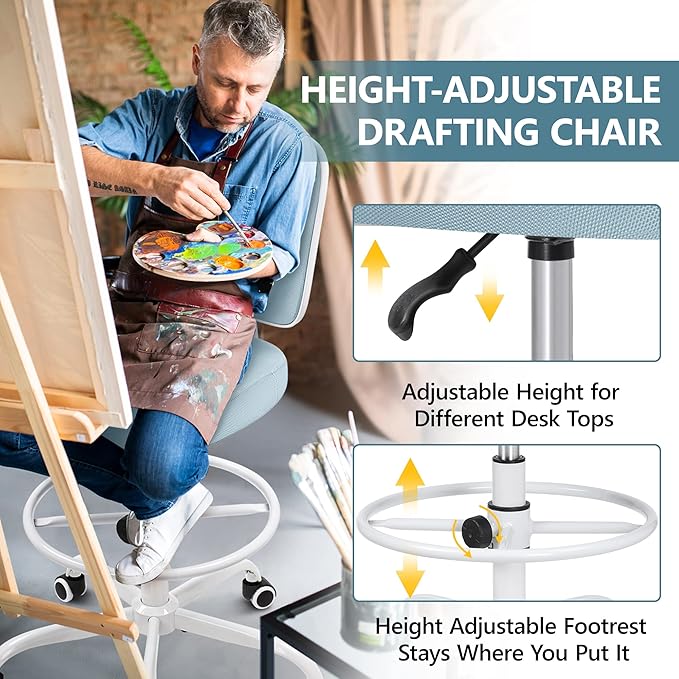 Primy Tall Drafting Desk Chair - Armless, Adjustable Height, Mesh Back, Rolling, Standing Desk Chair for Art Room, Office or Home (Light Blue)