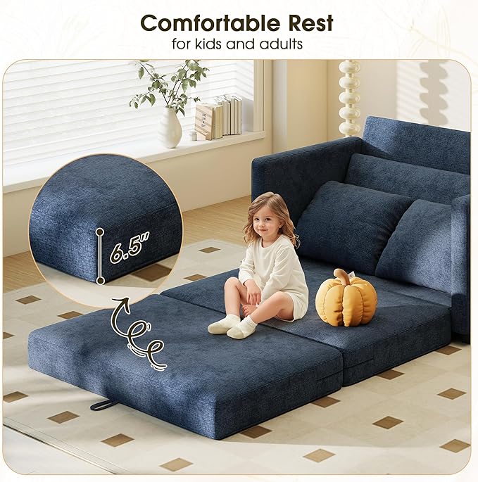 51" Convertible Sofa Bed, 2 in1 Folding Sofa Bed, Loveseat Sleeper Sofa for Small Spaces, Fold Out Floor Couch with 2 Pillows for Apartment, Living Room & Guest Room, Deep Blue Chenille Fabric