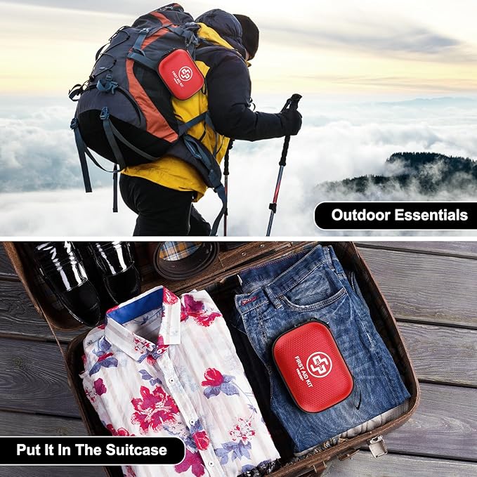 Mini First Aid Kit - 150 Piece Small Waterproof Hard Shell Medical Kit for Home, Car, Travel, Camping, Truck, Hiking, Sports, Office, Vehicle & Outdoor Emergencies- Small First Aid Medical Kit (Red)