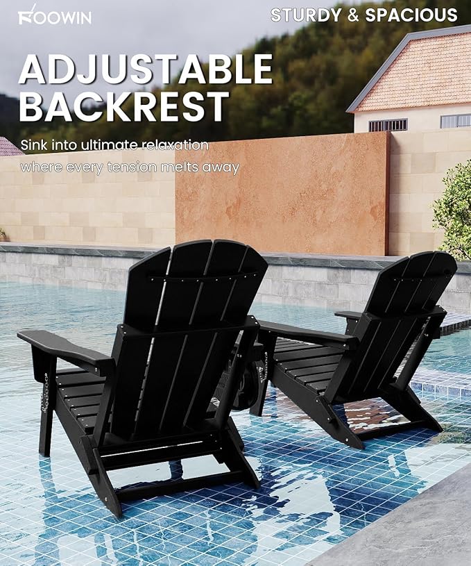 FOOWIN Folding Adjustable Adirondack Chair with Retractable Ottoman Set of 4,HDPE Adirondack Chair w/4 in 1 Cup Holder Trays,All-Weather Resistant Fire Pit Chair for Outdoor Patio Lawn, Black