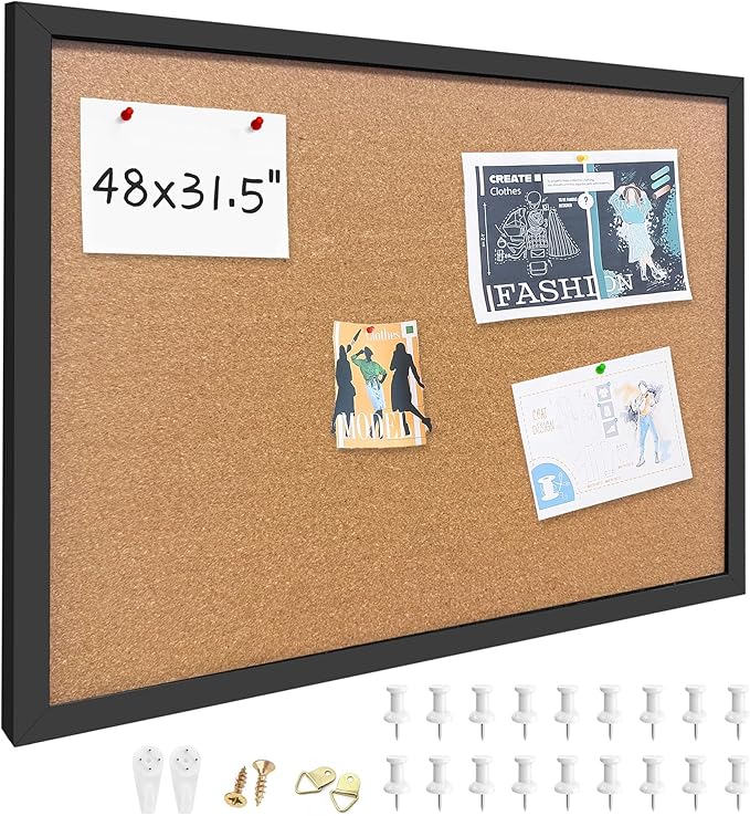 Cork Bulletin Board, 48x31.5 Inches Hanging Cork Board Wooden Framed with Pins for Wall, Dorm Room, Office, Home Decor – Natural Cork & Black Frame