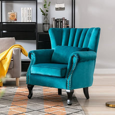 Mid Century Accent Chair Modern Tufted Wingback Armchairs Club Chair Velvet Single Sofa Lounge Chair with Pillow for Living Room, Teal Blue