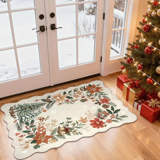 Lahome Floral Christmas Rug, 2x4 Washable Christmas Kitchen Rugs Indoor Ultra-Thin, Soft Christmas Rugs for Entryway Door Mat Holiday Rugs for Bathroom Bedroom, Beige/Multi