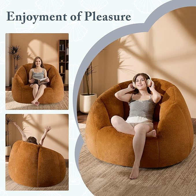 Swivel Giant Bean Bag Chair for Adults - Comfy Plush Round Shell Soft Accent Chair, Oversized Cozy Floor Sofa for Living Room, Bedroom & Game Rooms, Orange