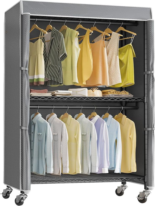 VIPEK R2C Plus Heavy Duty Rolling Garment Rack with Cover Clothing Racks for Hanging Clothes Portable Closets with Adjustable 3 Wire Shelves, Double Rods, Black Rack with Grey Upgarded Polyester Cover
